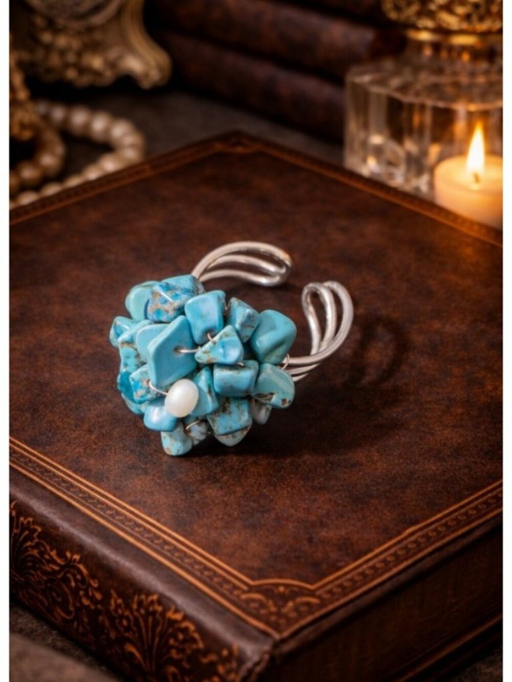Vintage 90s Turquoise Chip Cluster Ring Adjustable Boho Statement Silver Tone
